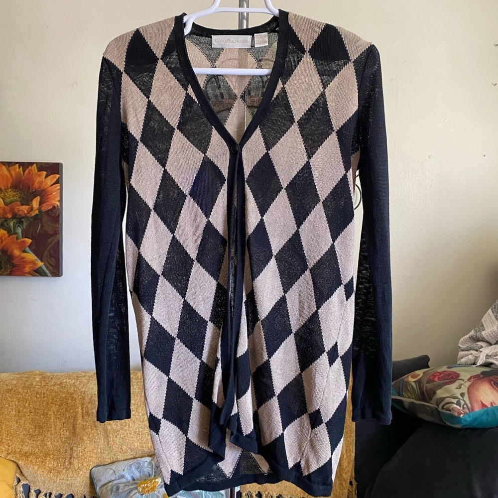 Ska Mod Preppy Black Cream Argyle Cardigan Duster Linen Size M
